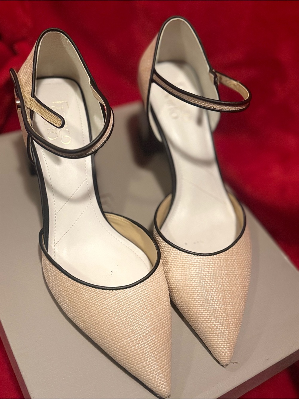 Pointed Toe Ankle-Strap Pumps in Beige with Black Trim